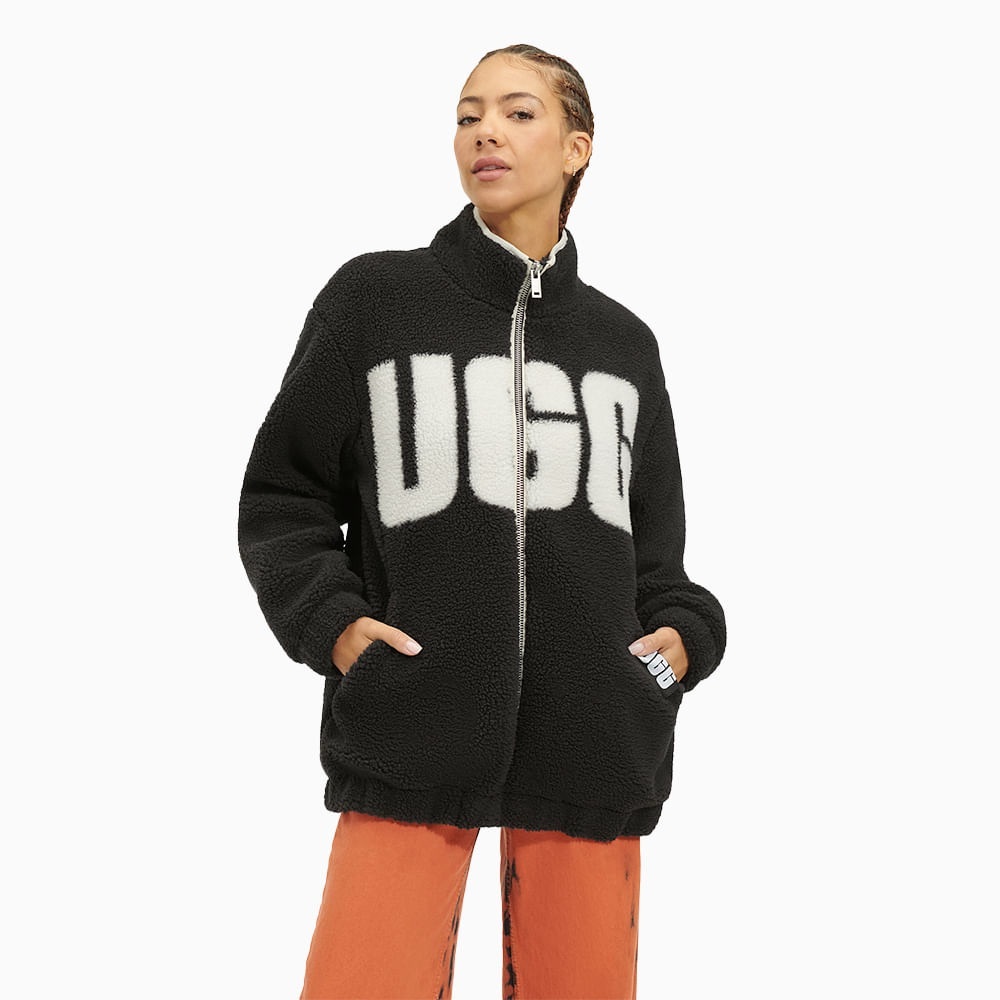 NWOT UGG Raquelle Logo UGGfluff Sherpa Black Cream Jacket Sz M